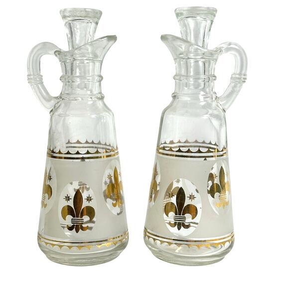 Anchor Hocking Starlyte Clear Gold Fleur de Lis Vintage Oil & Vinegar Cruet Set - Picture 1 of 7